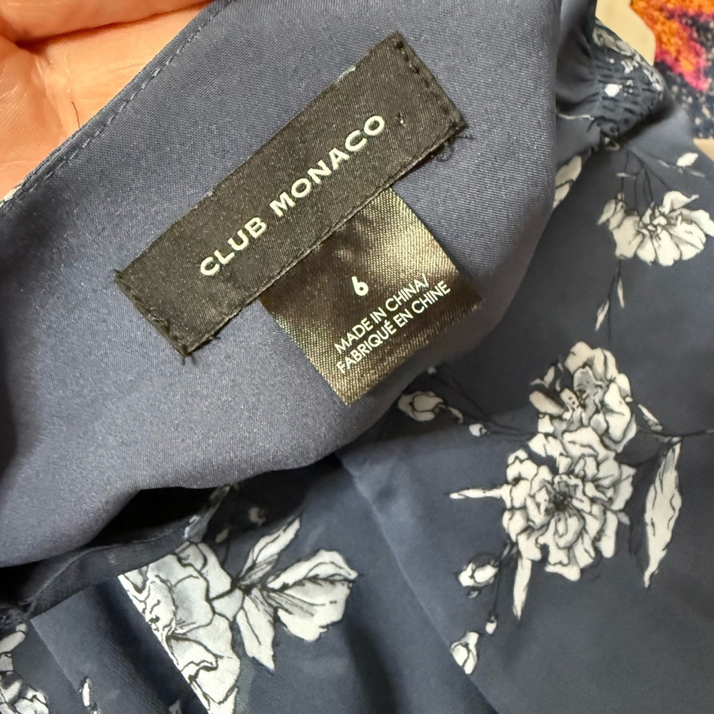 Club Monaco Silk V-Neck Puff Sleeve Dress Navy Floral sz 6 - Picture 6 of 8